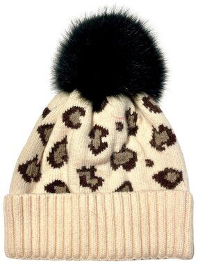 Adrienne Landau Leopard Print Beanie with Fox Fur Pom
